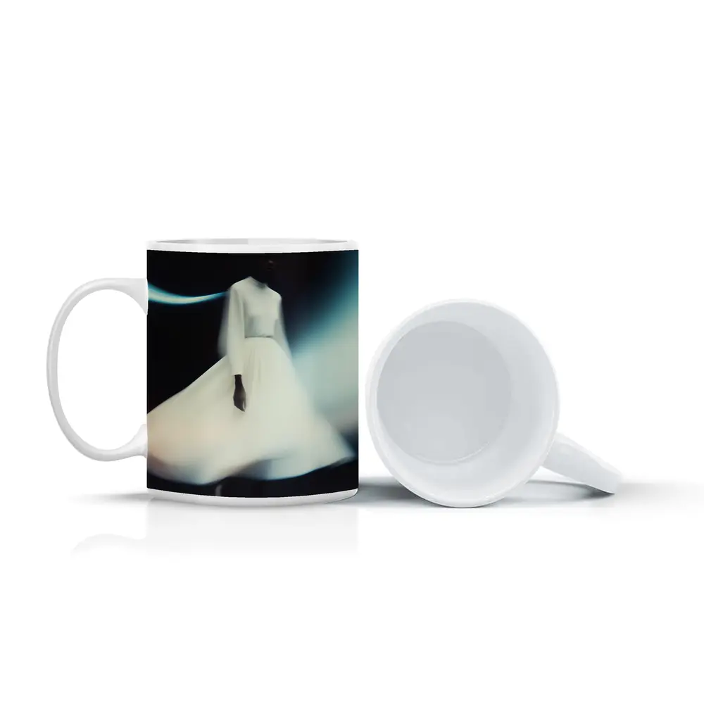 Woman White Dress Spinning Dark Background – Mugs