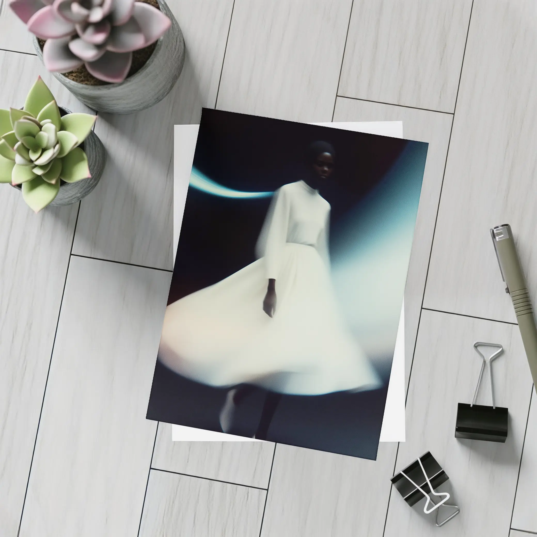 Woman White Dress Spinning Dark Background – Postcards