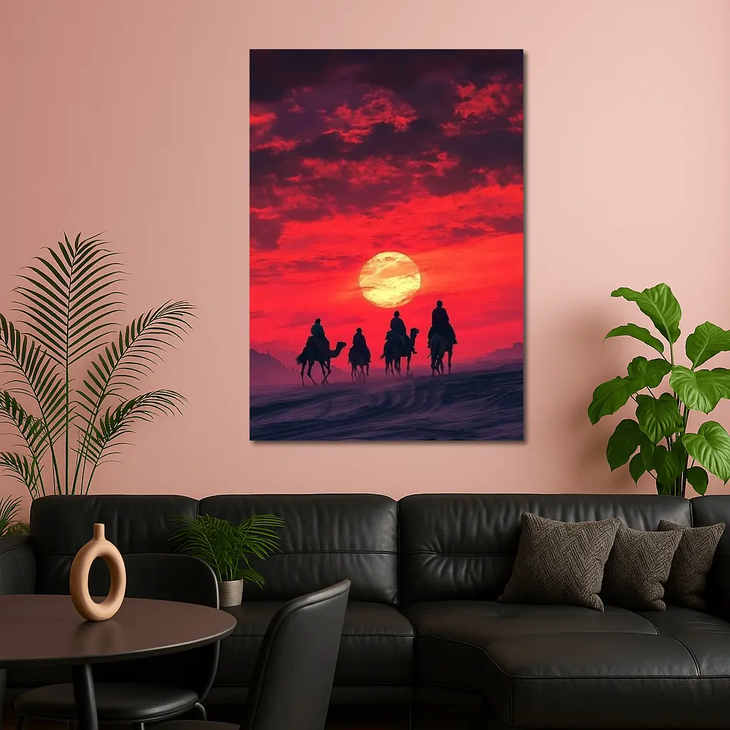 Camel Caravan Silhouette Red Desert Sunset – Wall Art