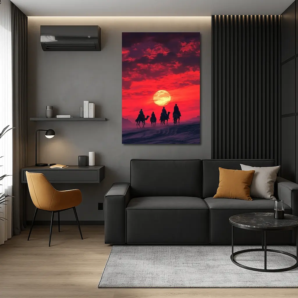 Camel Caravan Silhouette Red Desert Sunset – Wall Art