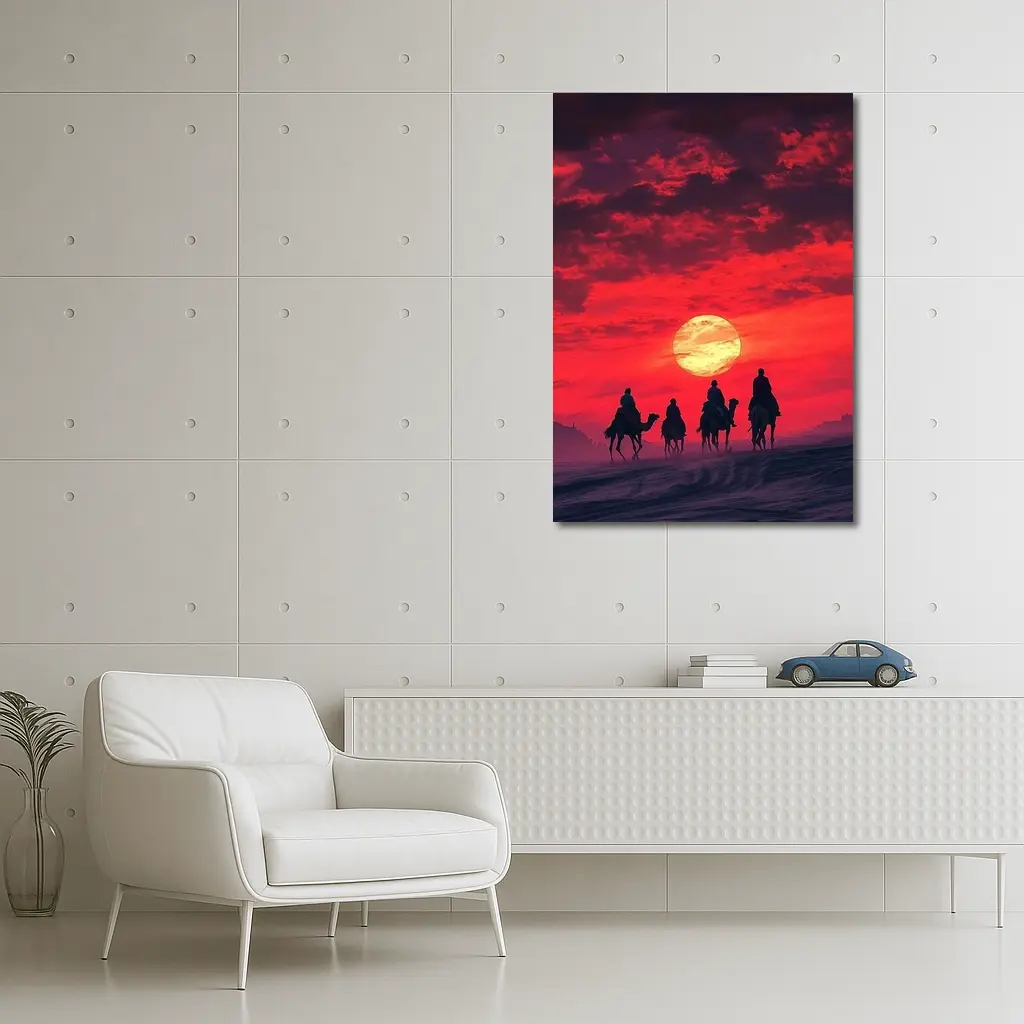 Camel Caravan Silhouette Red Desert Sunset – Wall Art
