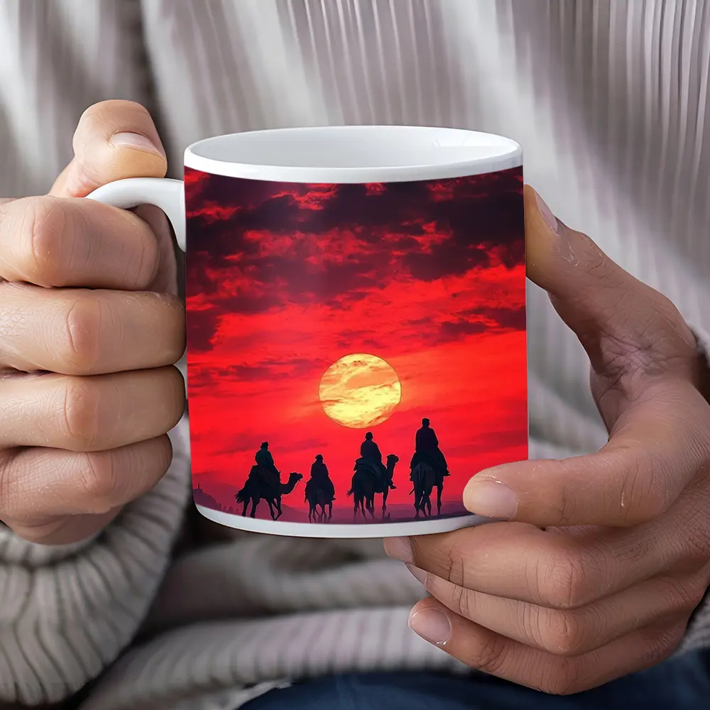 Camel Caravan Silhouette Red Desert Sunset – Mugs