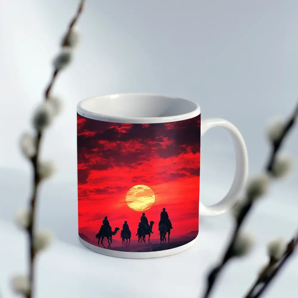 Camel Caravan Silhouette Red Desert Sunset – Mugs