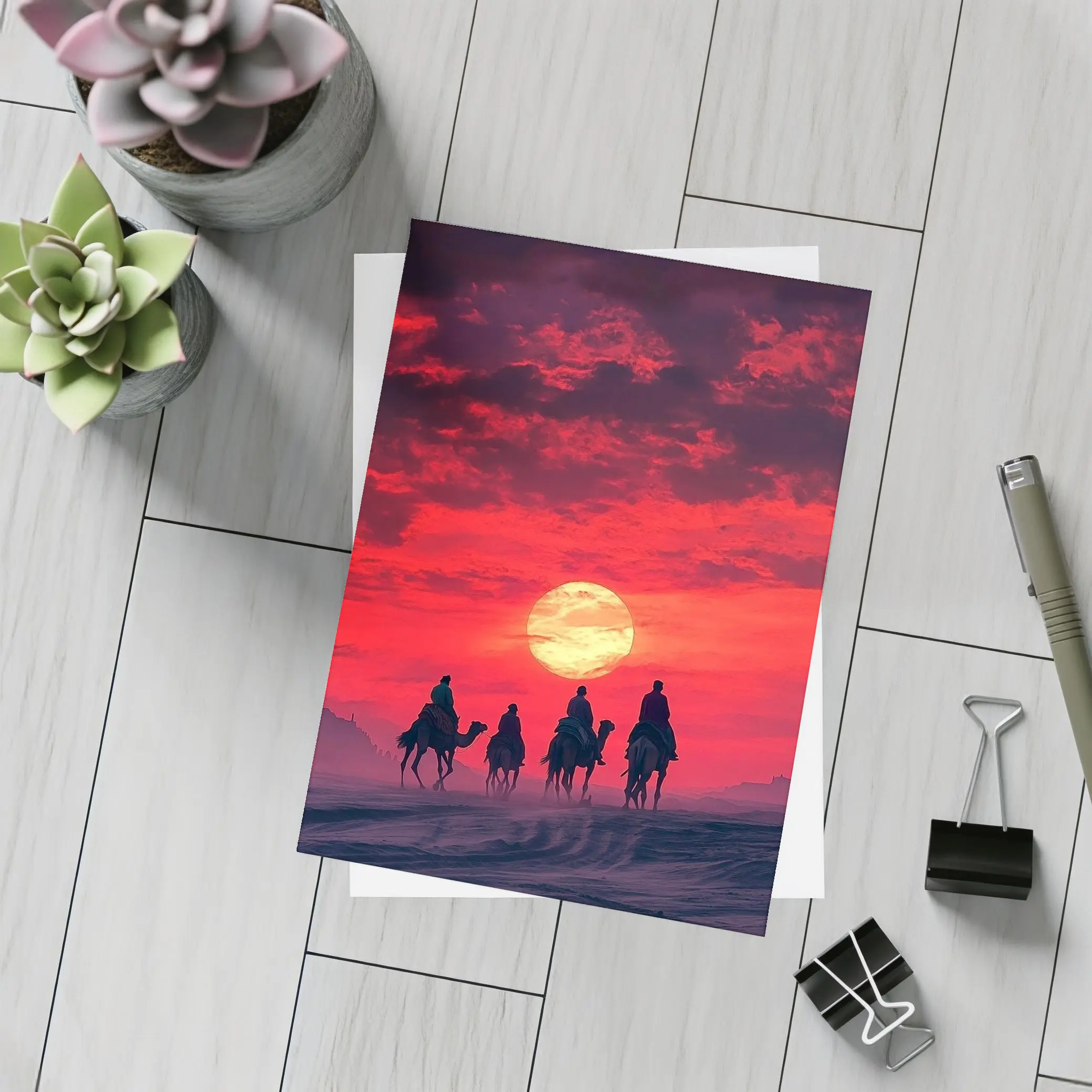 Camel Caravan Silhouette Red Desert Sunset – Postcards