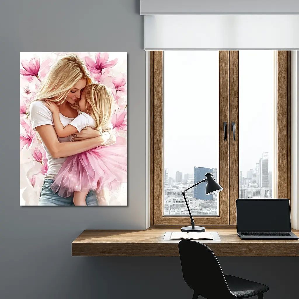Mother Daughter Hug Pink Magnolia Flowers – Wall Art