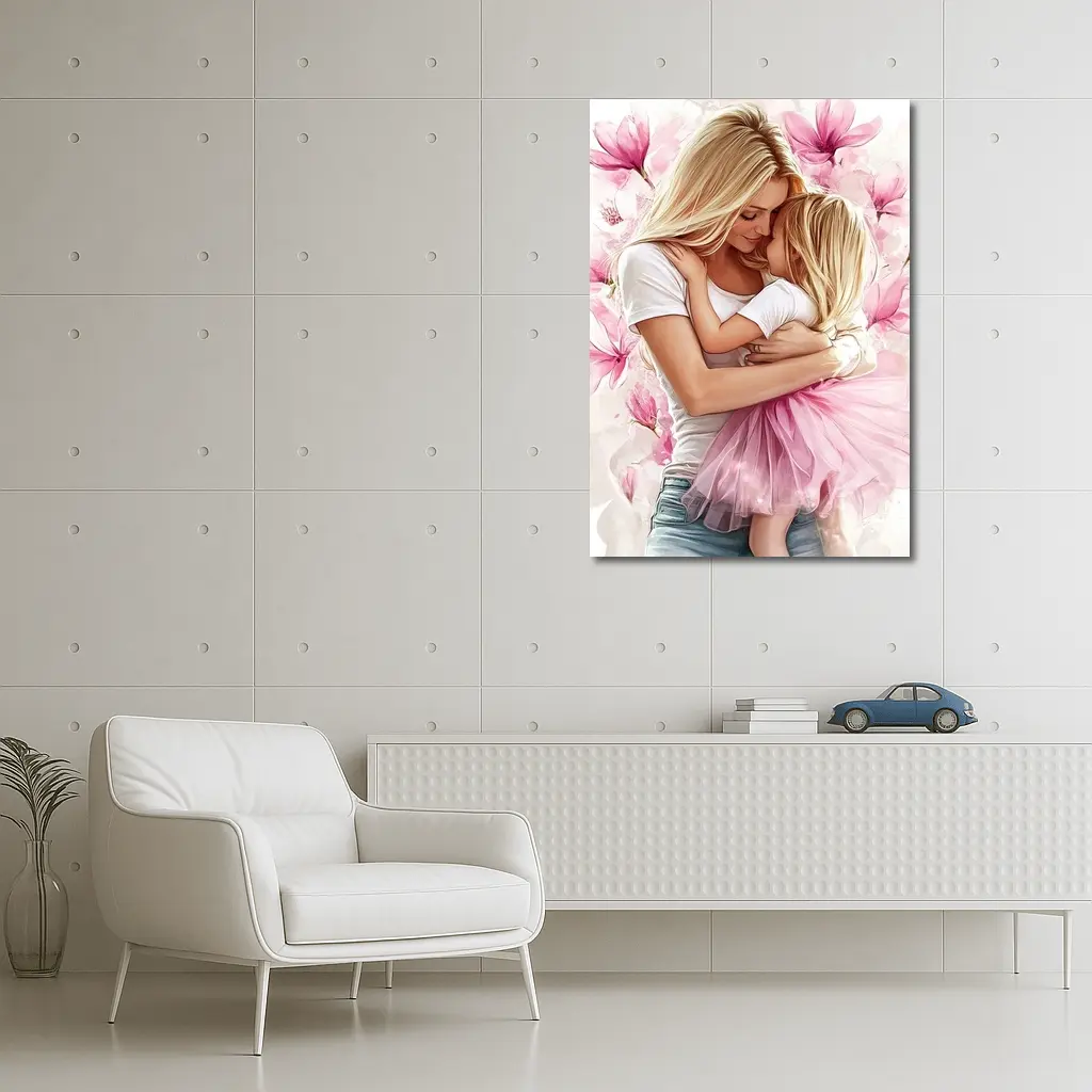 Mother Daughter Hug Pink Magnolia Flowers – Wall Art