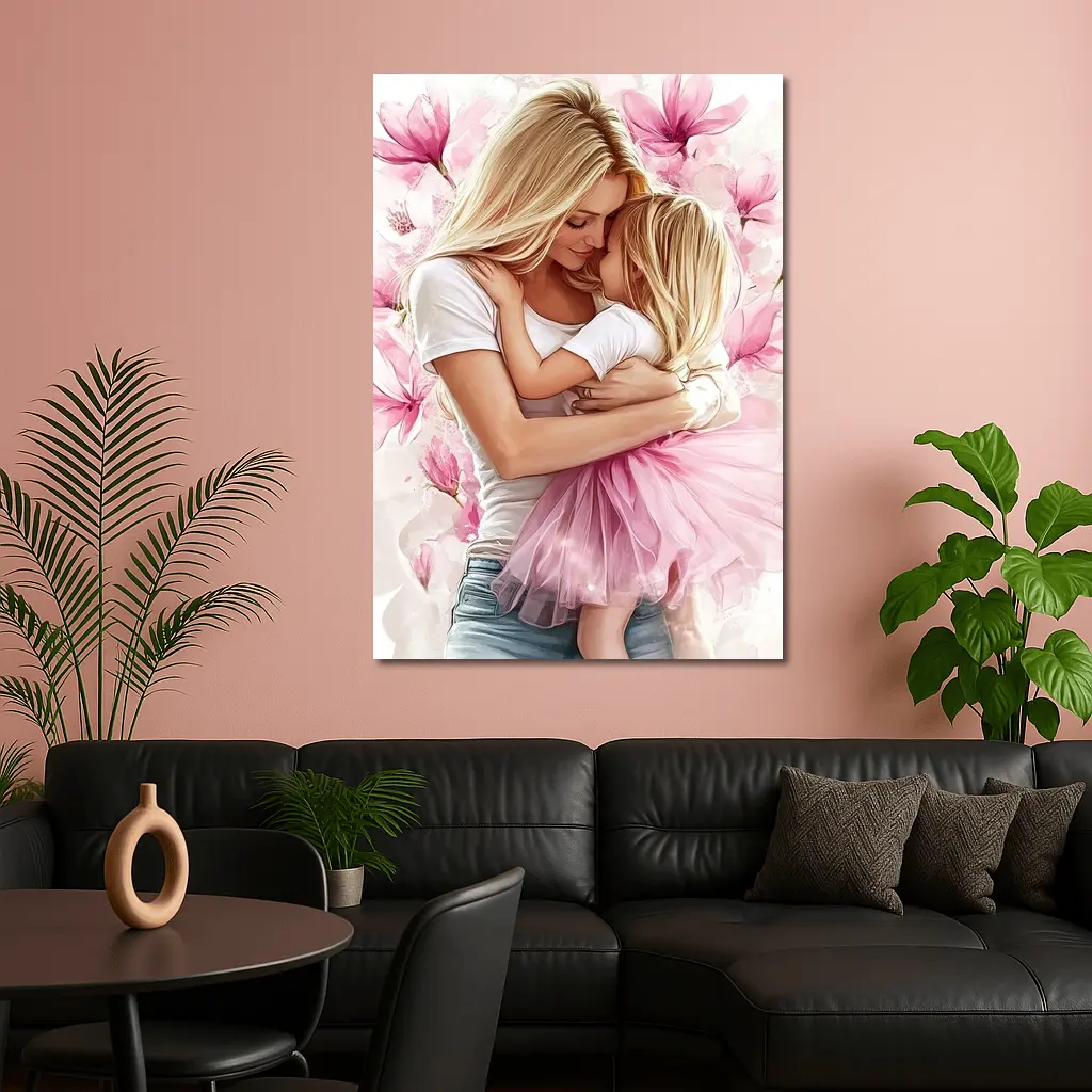 Mother Daughter Hug Pink Magnolia Flowers – Wall Art