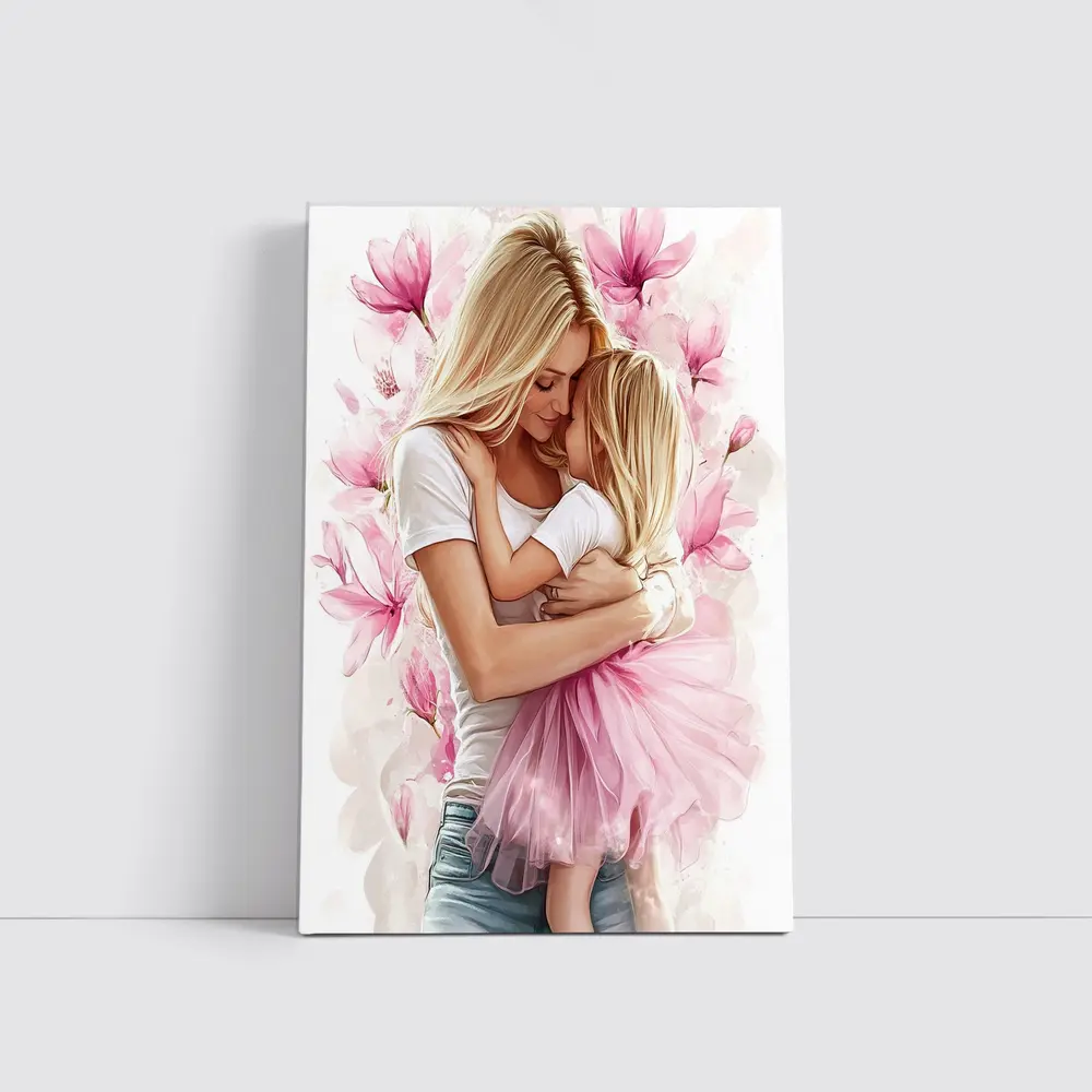 Mother Daughter Hug Pink Magnolia Flowers – Wall Art