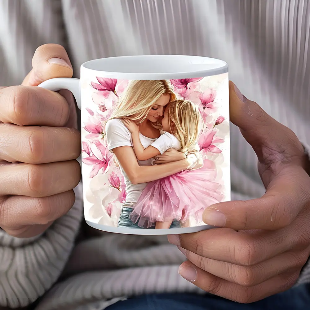 Mother Daughter Hug Pink Magnolia Flowers – Mugs
