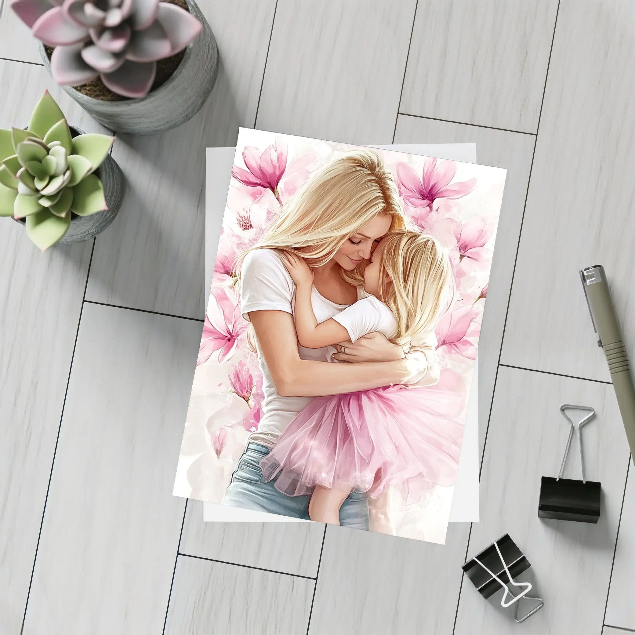 Mother Daughter Hug Pink Magnolia Flowers – Postcards