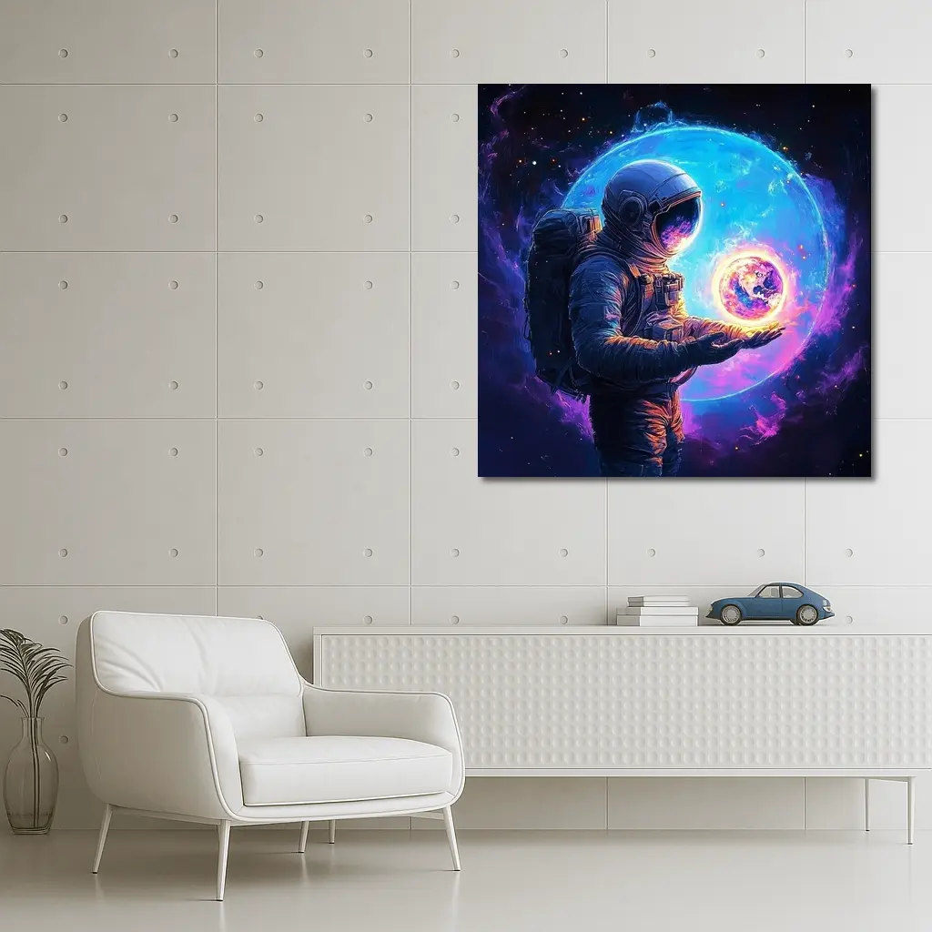Astronaut Holding Glowing Earth in Space – Wall Art