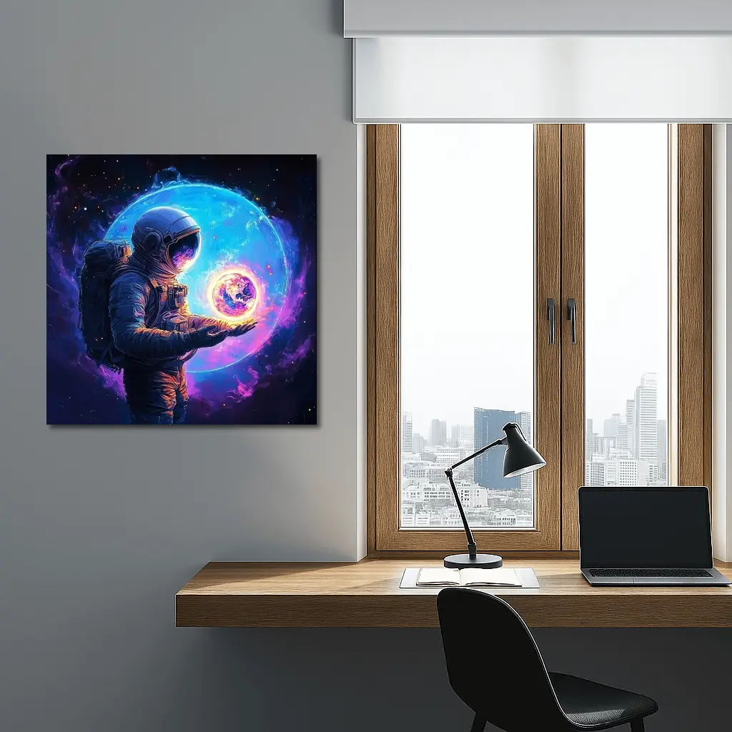 Astronaut Holding Glowing Earth in Space – Wall Art