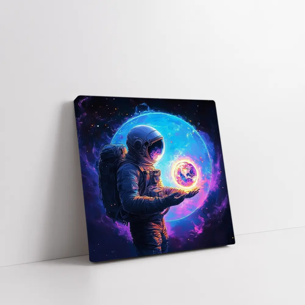 Astronaut Holding Glowing Earth in Space – Wall Art