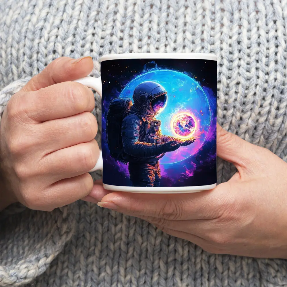 Astronaut Holding Glowing Earth in Space – Mugs