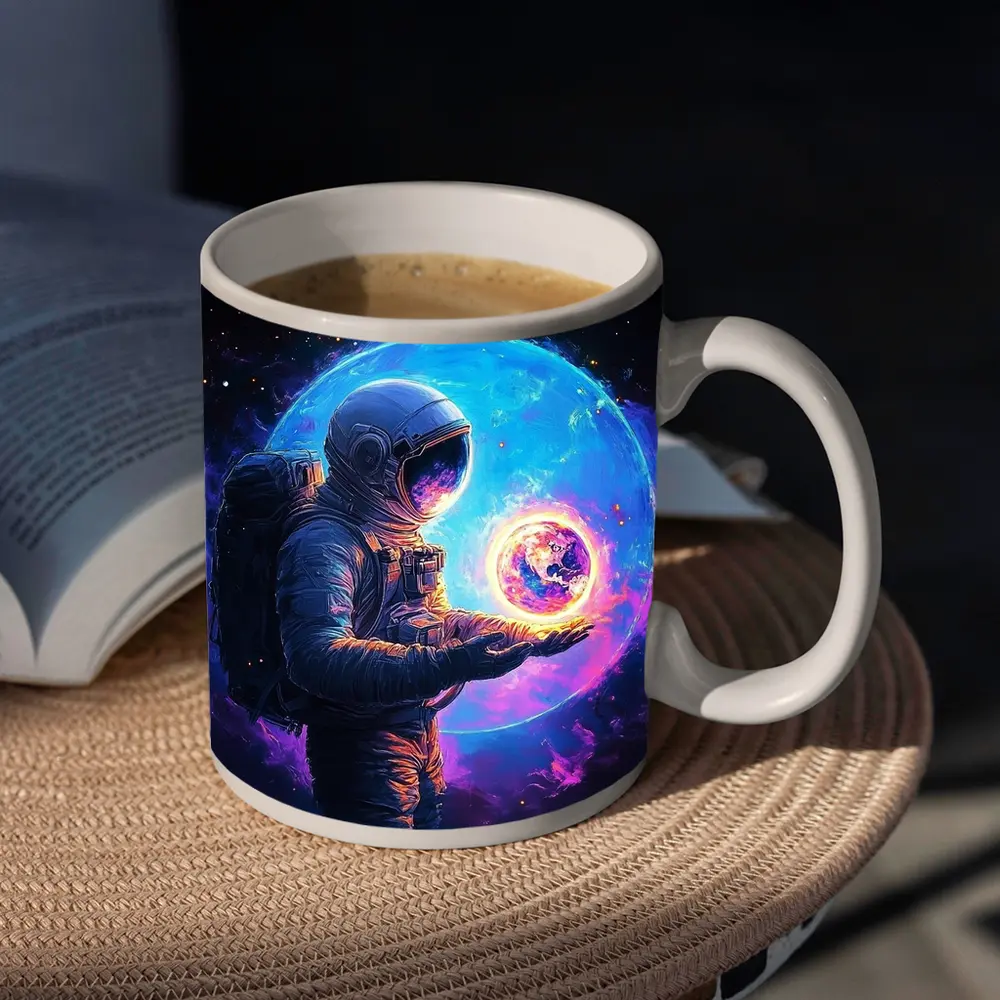 Astronaut Holding Glowing Earth in Space – Mugs