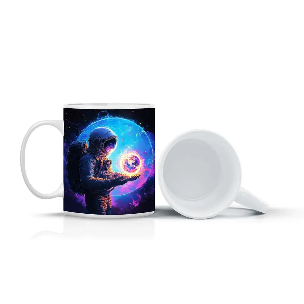 Astronaut Holding Glowing Earth in Space – Mugs