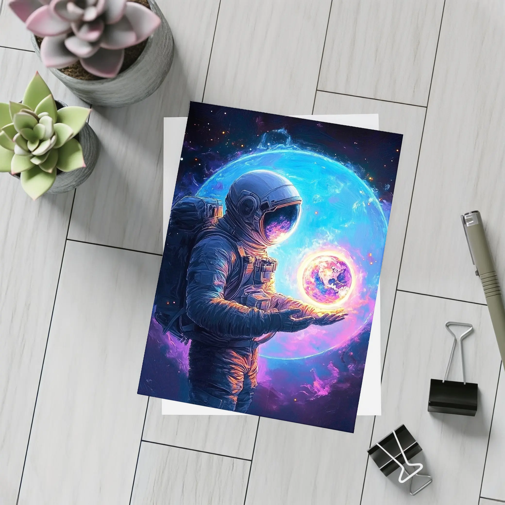 Astronaut Holding Glowing Earth in Space – Postcards