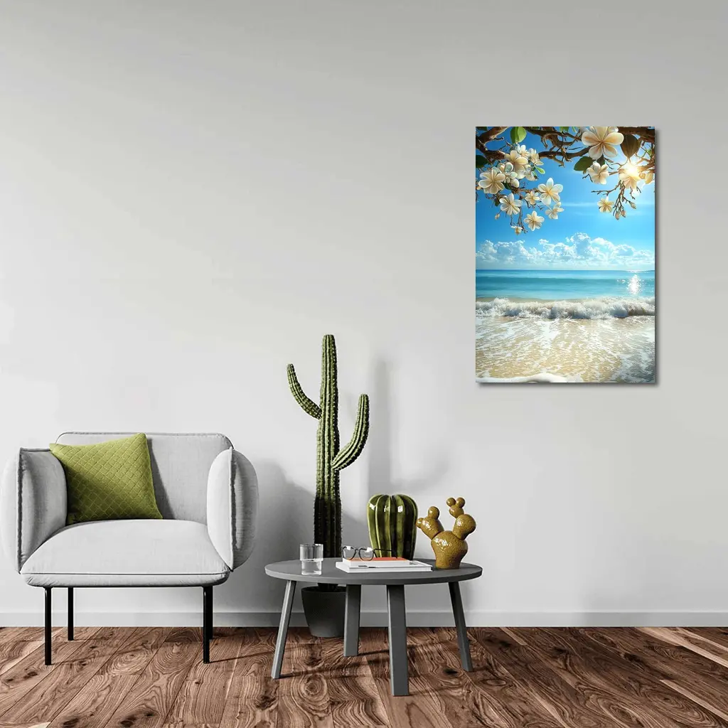 Plumeria Flowers Over Tropical Beach Ocean – Wall Art