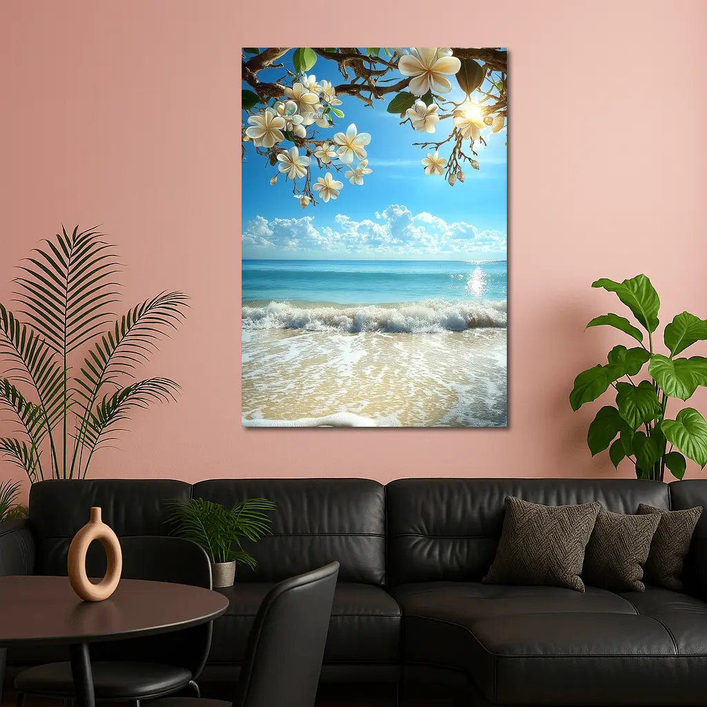 Plumeria Flowers Over Tropical Beach Ocean – Wall Art