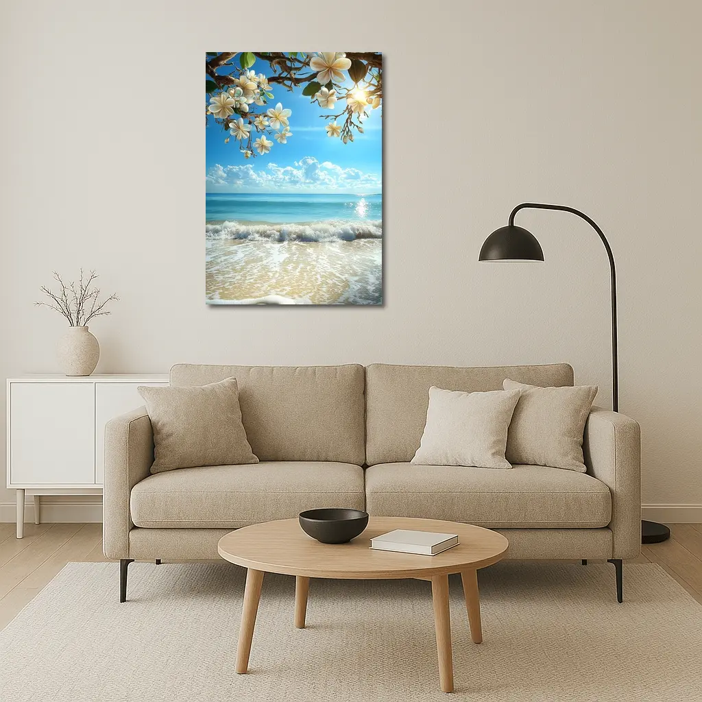 Plumeria Flowers Over Tropical Beach Ocean – Wall Art