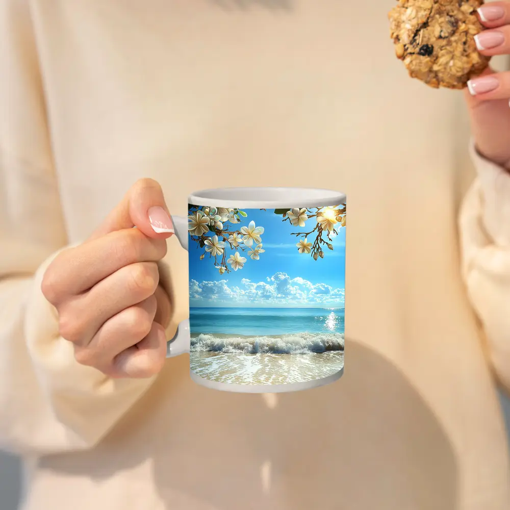 Plumeria Flowers Over Tropical Beach Ocean – Mugs