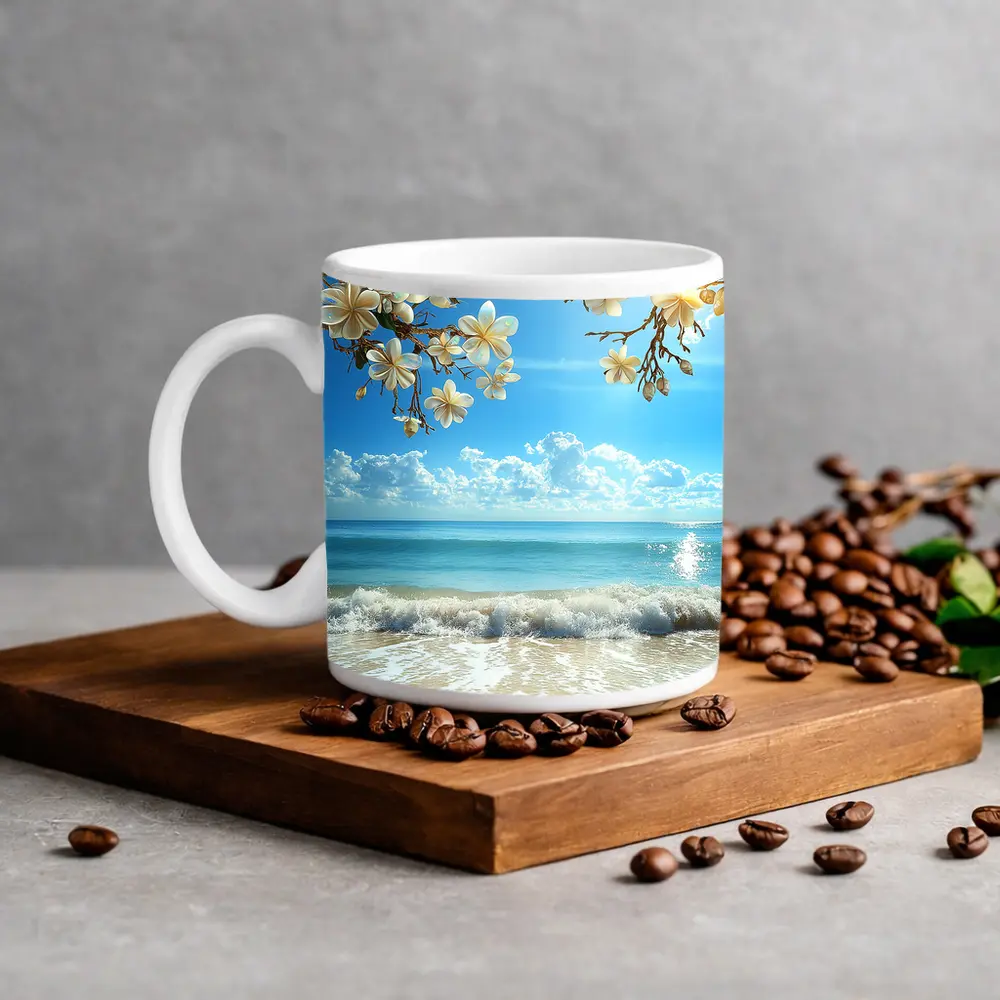 Plumeria Flowers Over Tropical Beach Ocean – Mugs