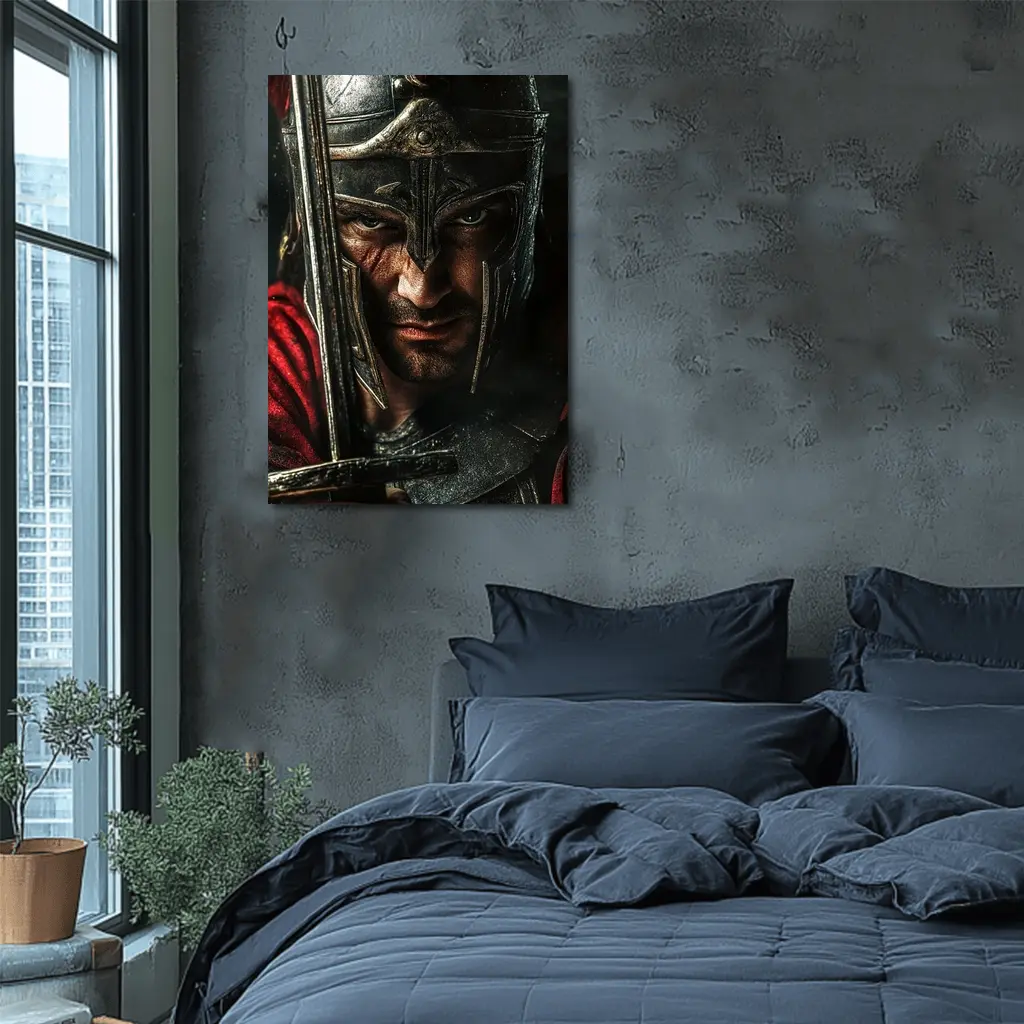 Spartan Warrior Helmet Sword Dark Background – Wall Art