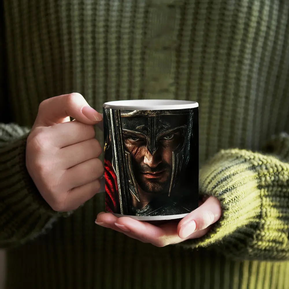 Spartan Warrior Helmet Sword Dark Background – Mugs