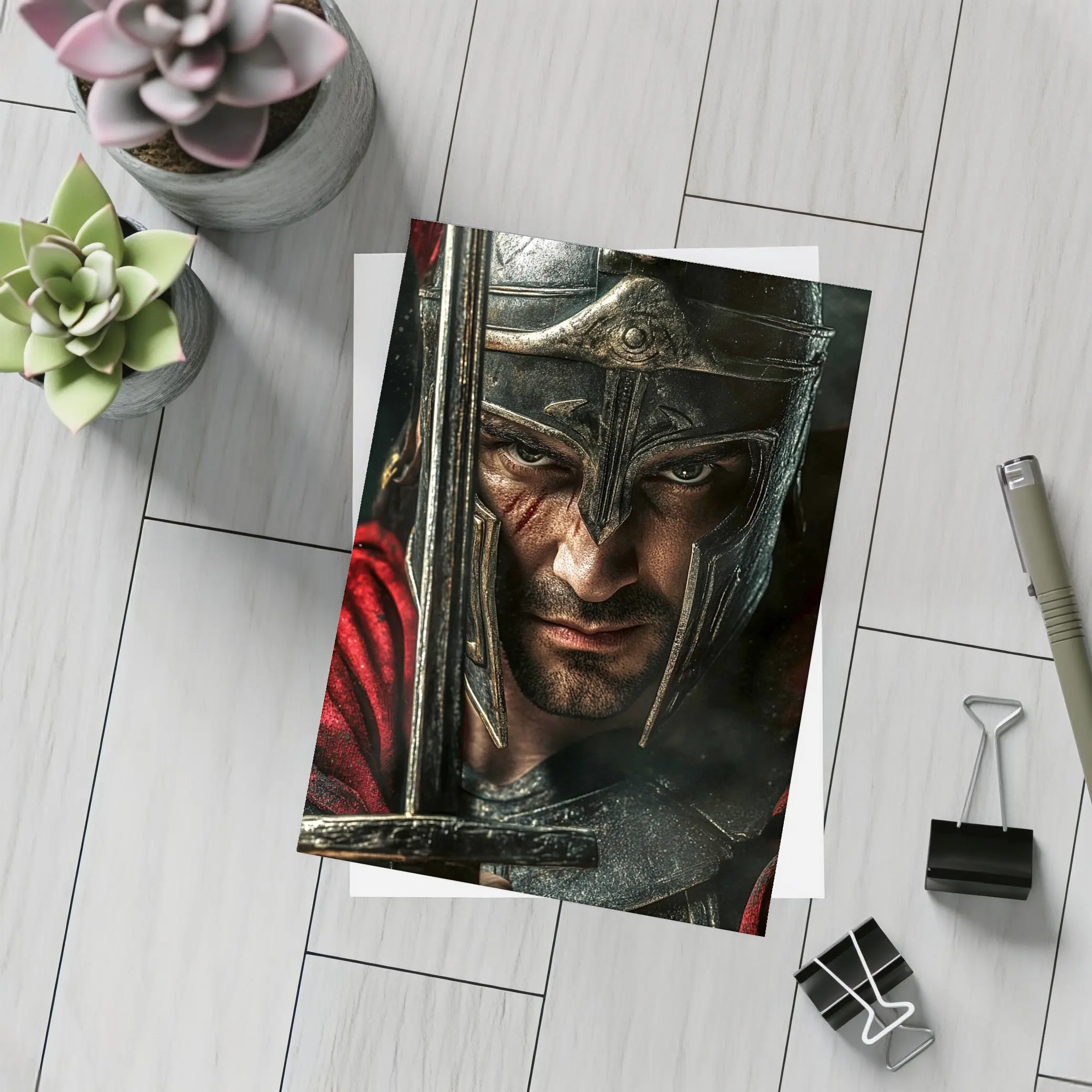 Spartan Warrior Helmet Sword Dark Background – Postcards