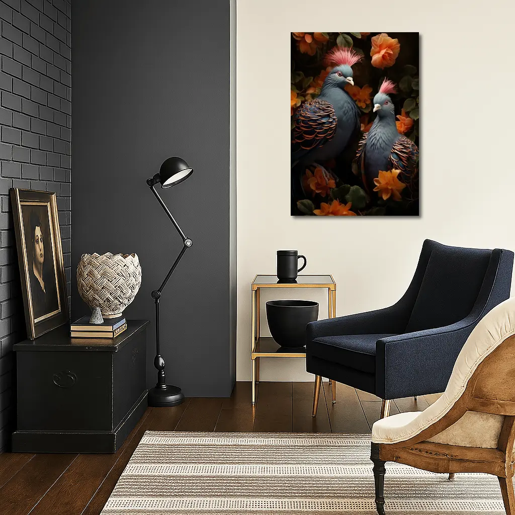 Two Victoria Crowned Pigeons Among Orange Flowers – Wall Art