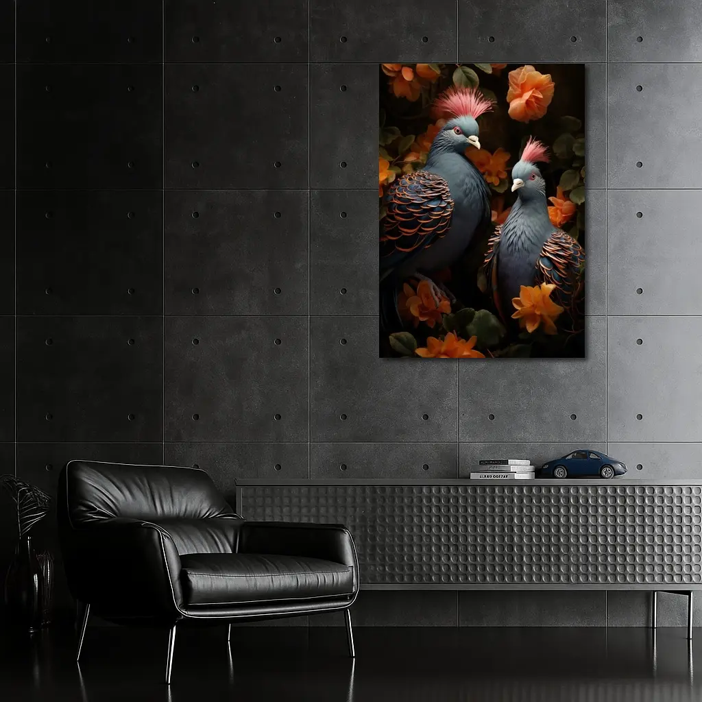 Two Victoria Crowned Pigeons Among Orange Flowers – Wall Art