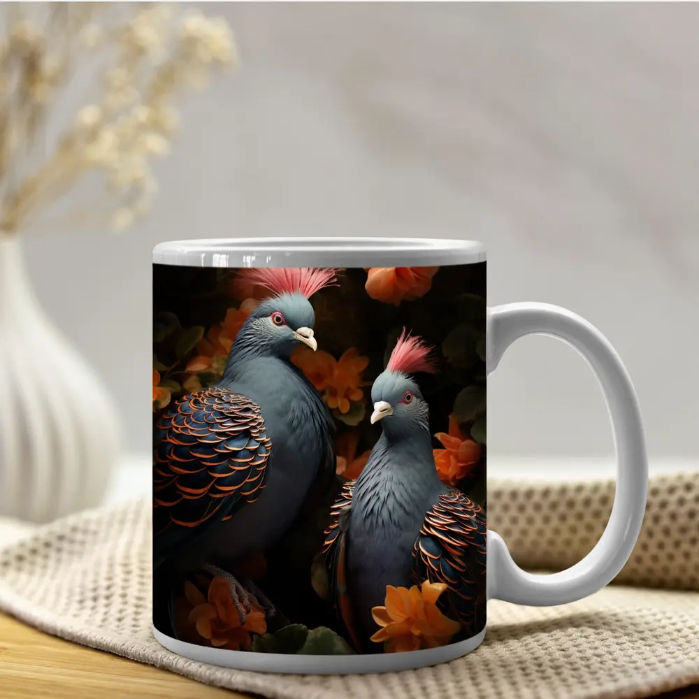 Two Victoria Crowned Pigeons Among Orange Flowers – Mugs
