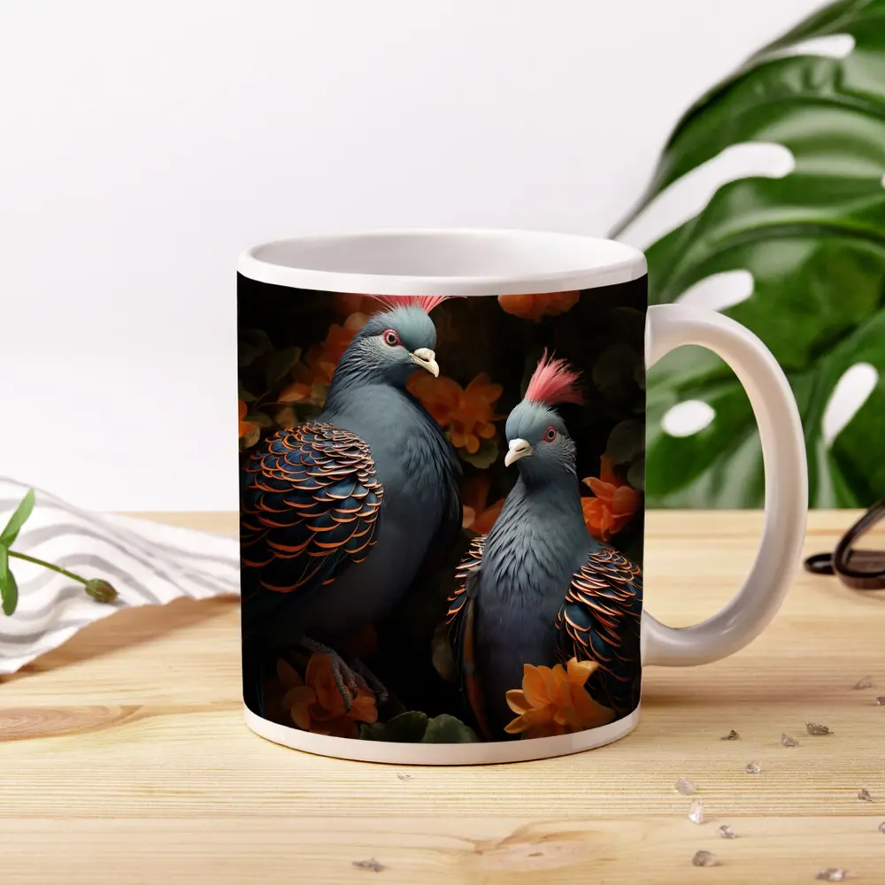 Two Victoria Crowned Pigeons Among Orange Flowers – Mugs