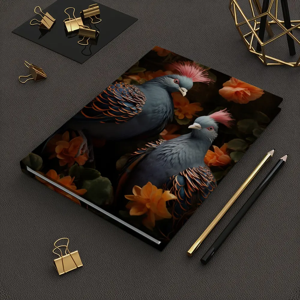 Two Victoria Crowned Pigeons Among Orange Flowers – Notebooks