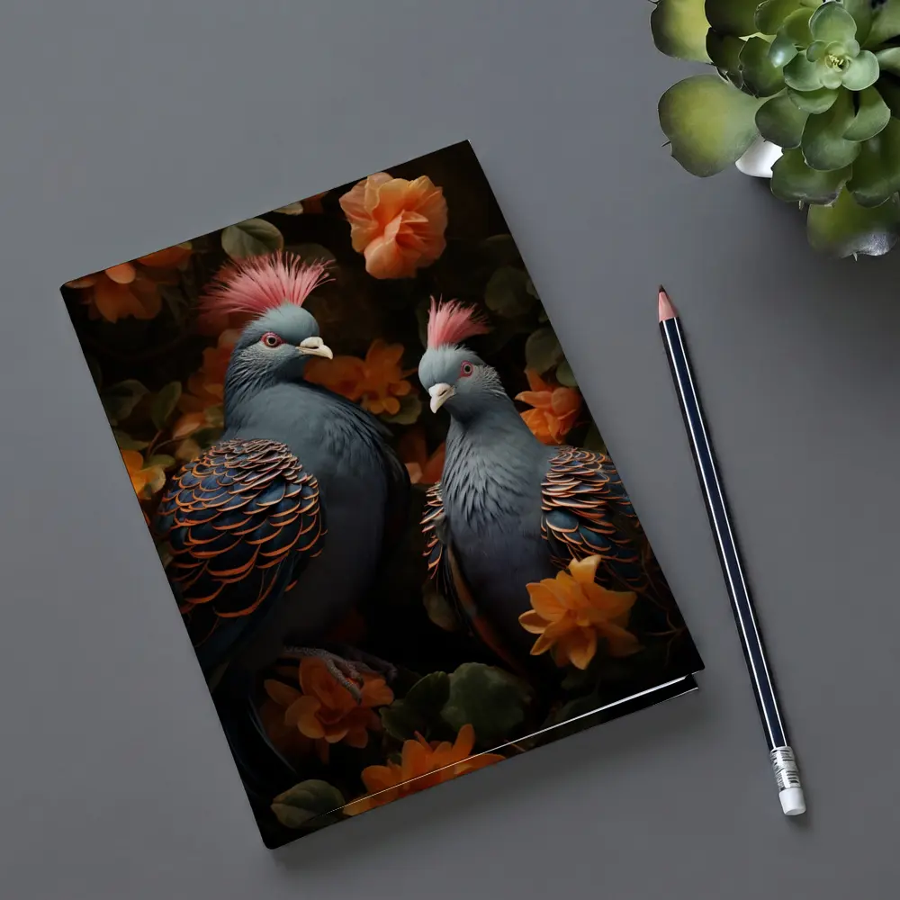 Two Victoria Crowned Pigeons Among Orange Flowers – Notebooks