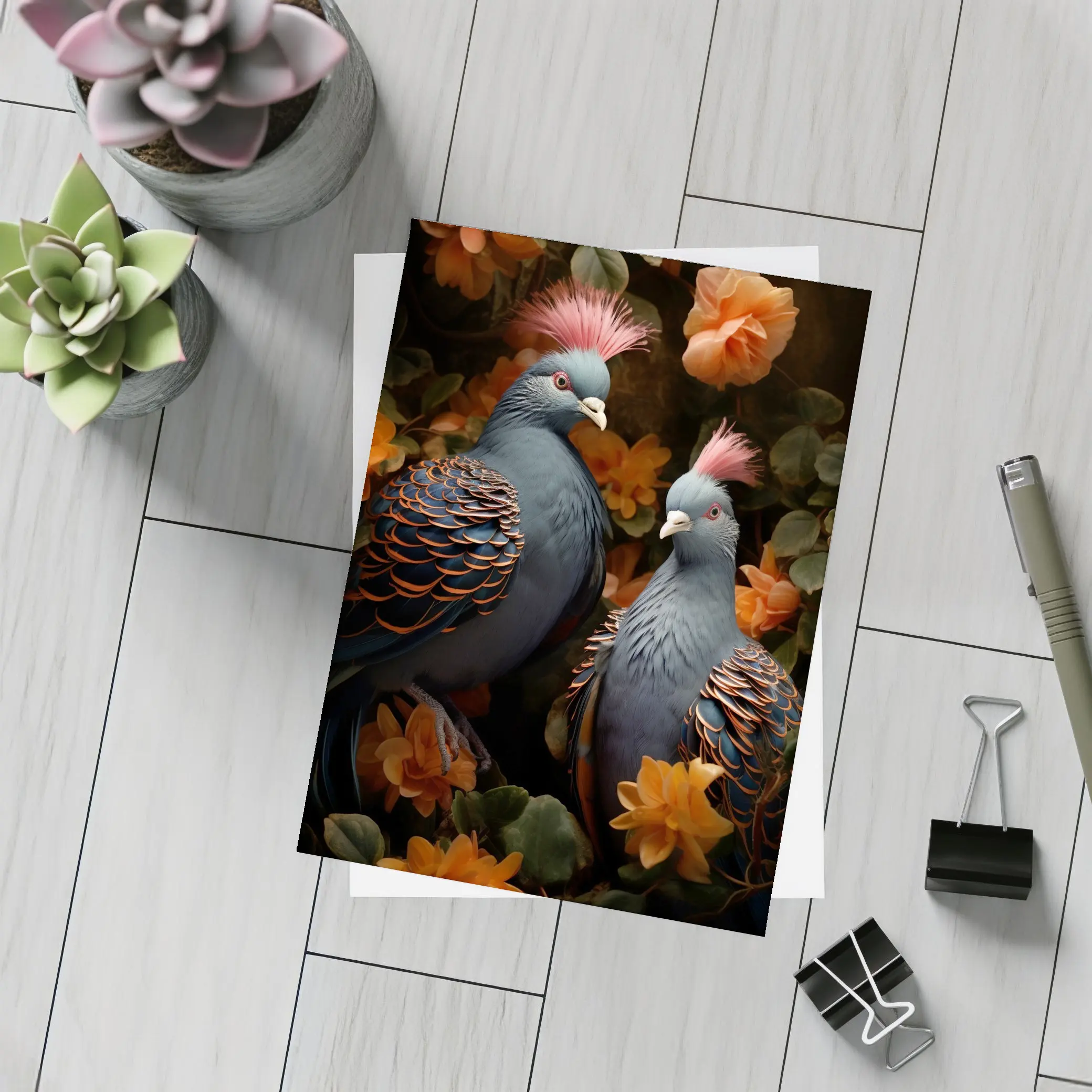 Two Victoria Crowned Pigeons Among Orange Flowers – Postcards
