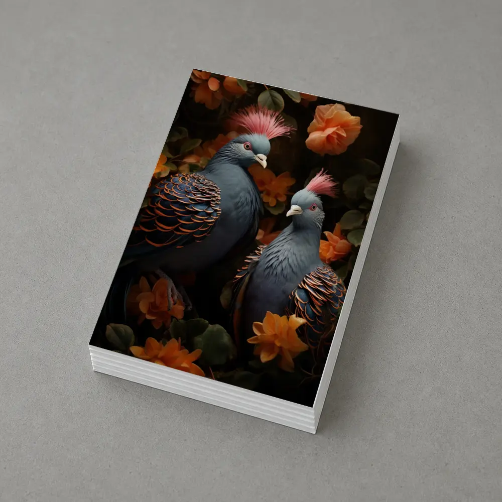 Two Victoria Crowned Pigeons Among Orange Flowers – Postcards
