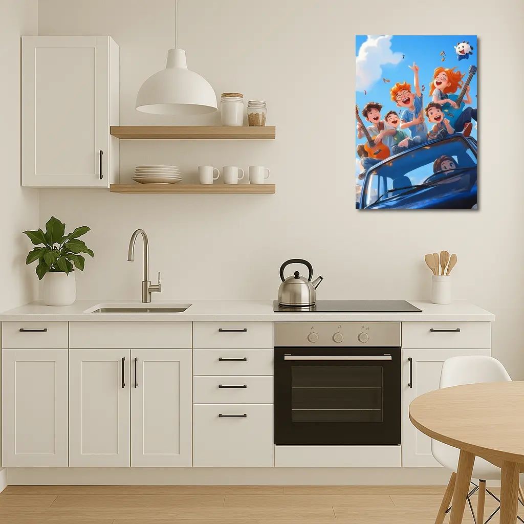 Happy Kids Playing Music On Blue Car – Wall Art