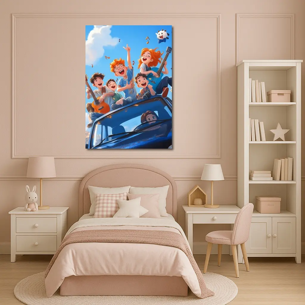 Happy Kids Playing Music On Blue Car – Wall Art
