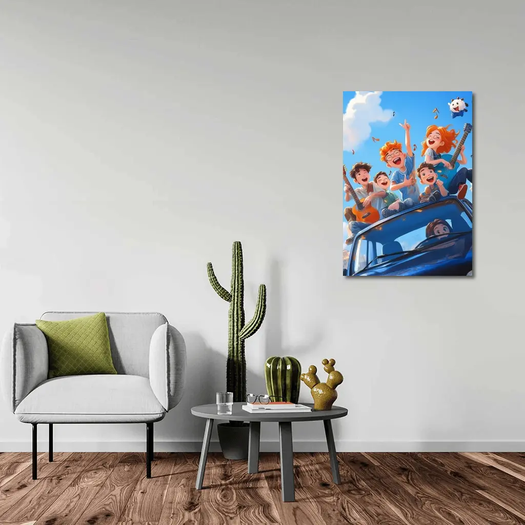 Happy Kids Playing Music On Blue Car – Wall Art