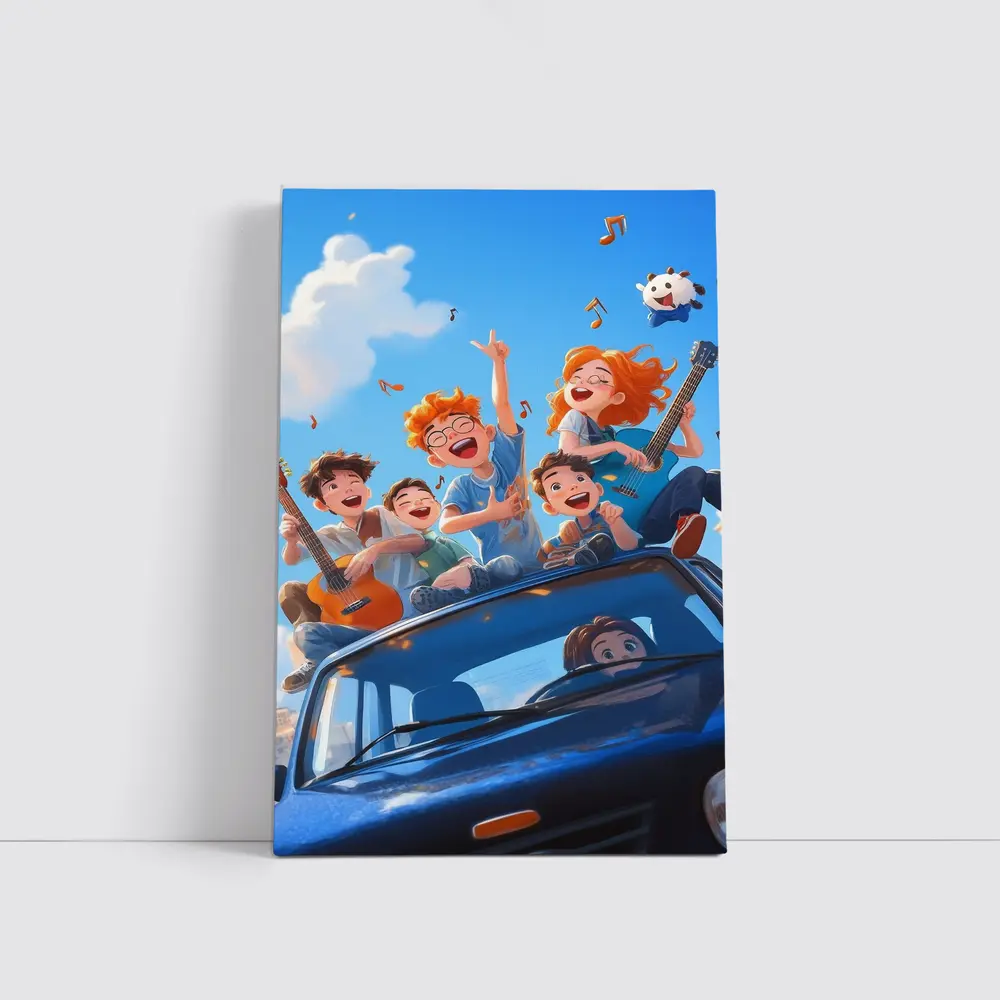 Happy Kids Playing Music On Blue Car – Wall Art