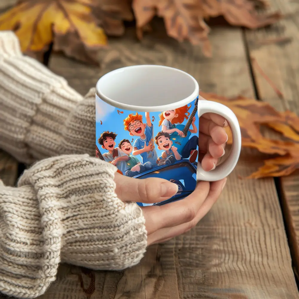 Happy Kids Playing Music On Blue Car – Mugs