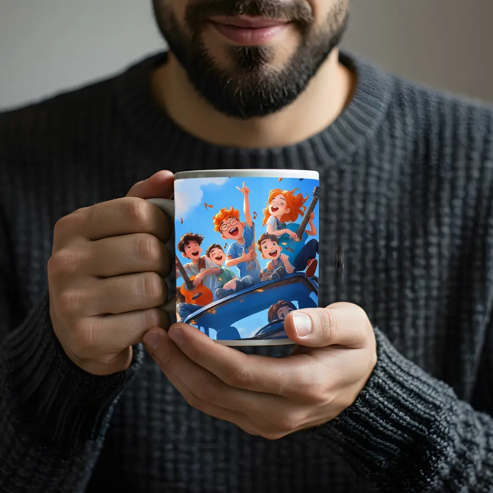 Happy Kids Playing Music On Blue Car – Mugs