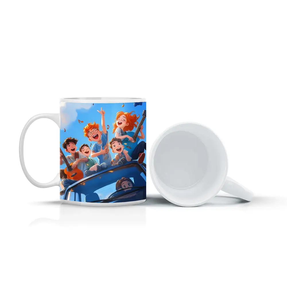 Happy Kids Playing Music On Blue Car – Mugs