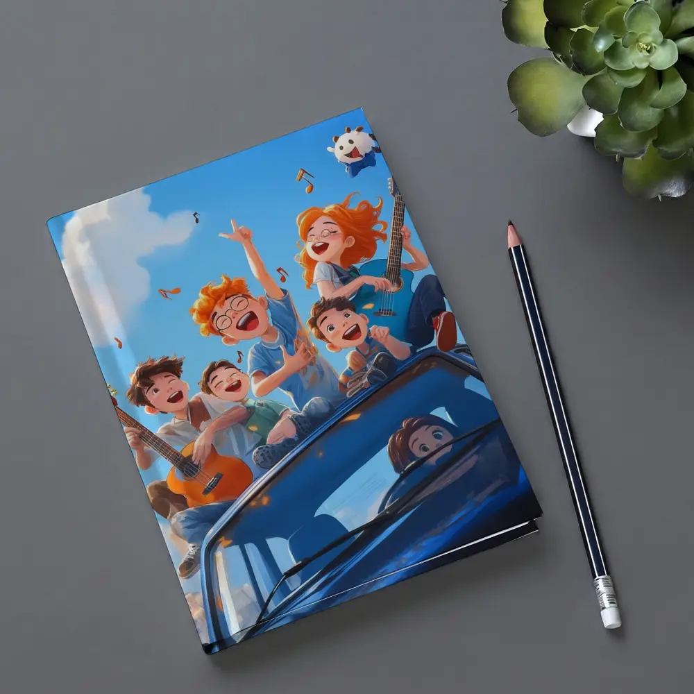 Happy Kids Playing Music On Blue Car – Notebooks