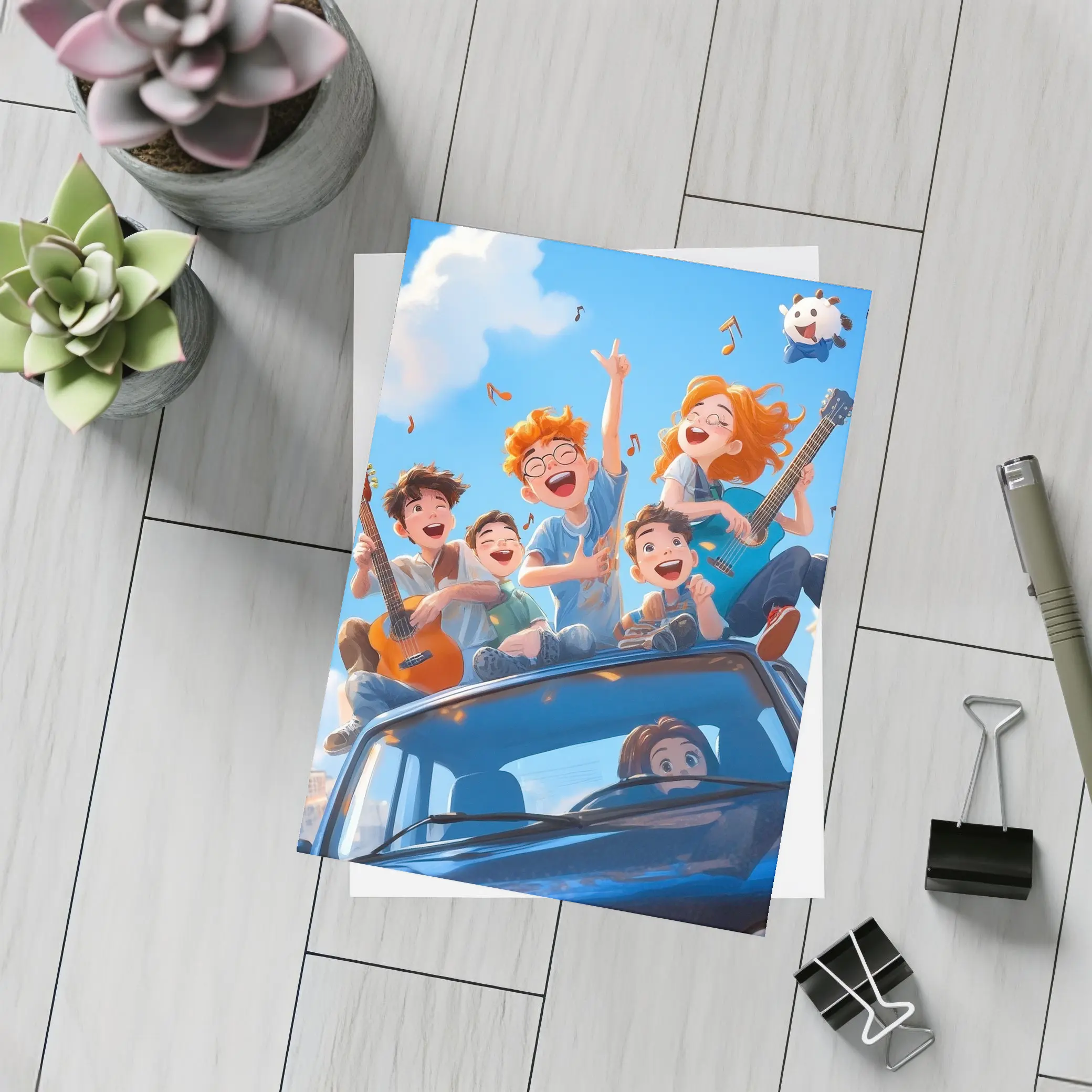 Happy Kids Playing Music On Blue Car – Postcards