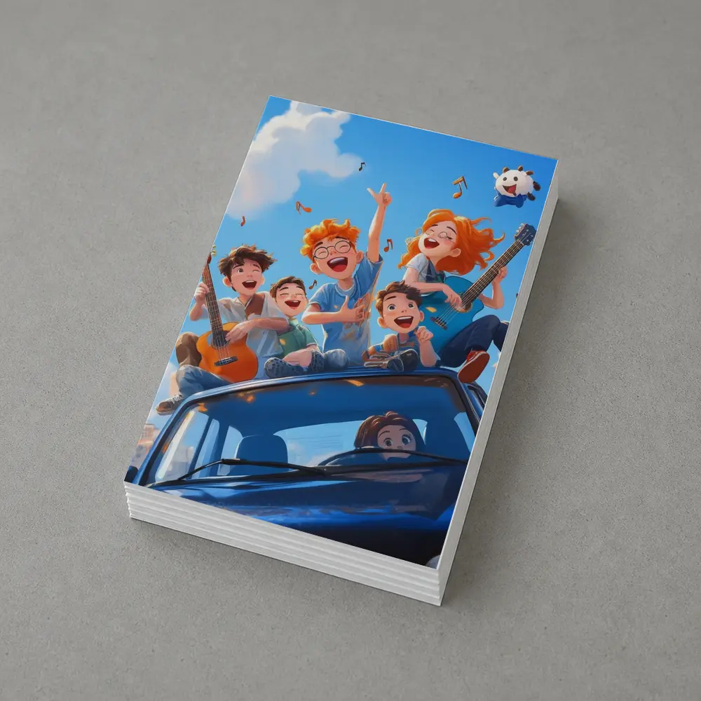 Happy Kids Playing Music On Blue Car – Postcards