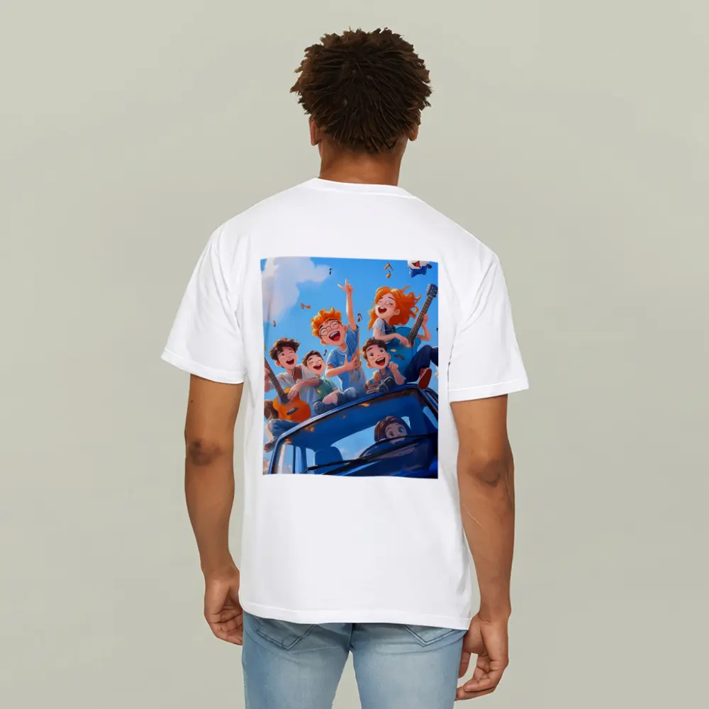 Happy Kids Playing Music On Blue Car – T-Shirts