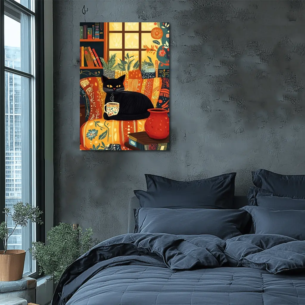 Black Cat Cozy Reading Room Illustration Art – Wall Art