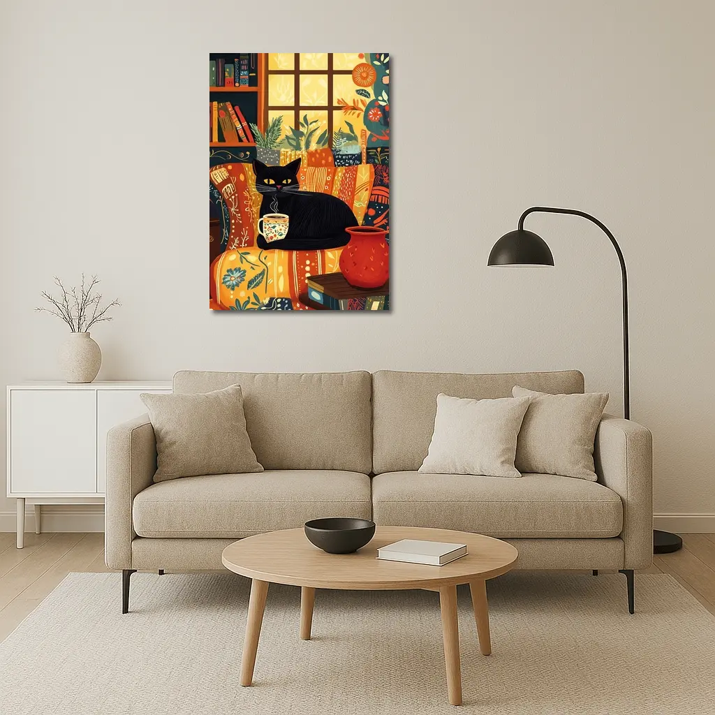 Black Cat Cozy Reading Room Illustration Art – Wall Art